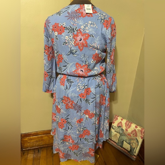 J Jill Sz S  Tropical Floral Blue Dipped Hem V Neck Belted Dress W/pockets - Picture 6 of 11
